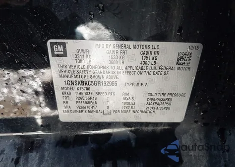 2016 Chevrolet Tahoe Lt from USA, damaged, VIN 1GNSKBKC5GR192955